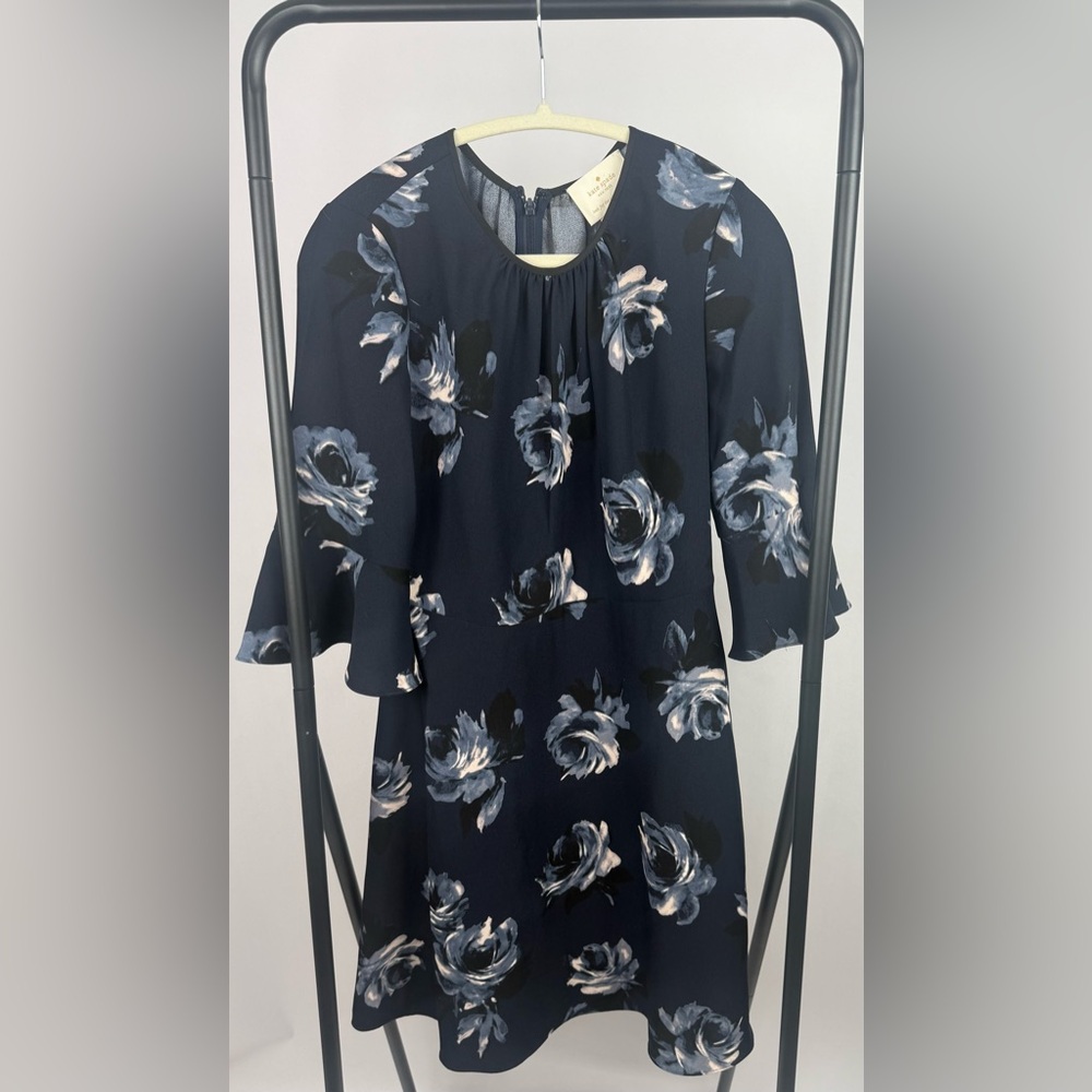Kate Spade Night Rose Crepe Dress Size 4 NWT Navy Floral Bell Sleeve A-Line - Picture 6 of 9
